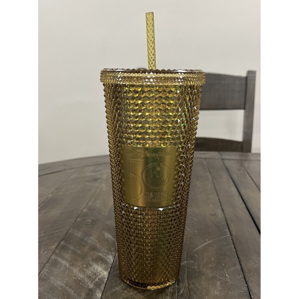 Disney World Parks Starbucks Studded Gold 50th Anniversary Tumbler Venti Cup NEW